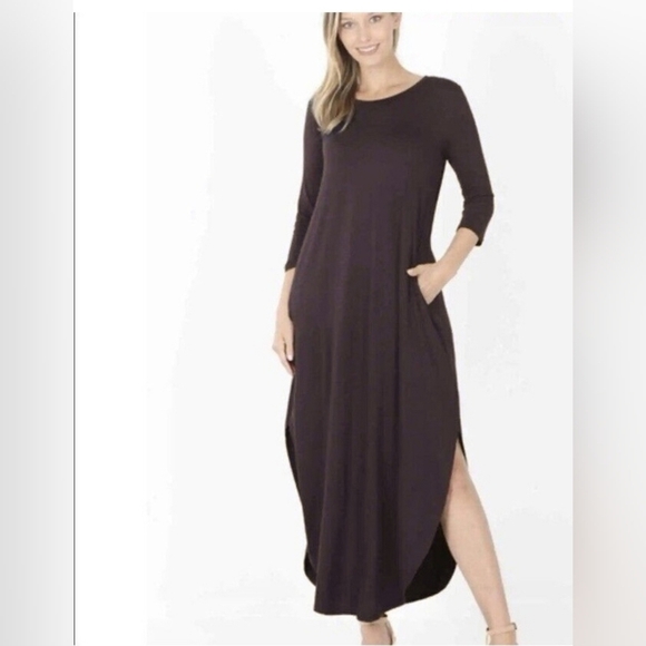 Cozy Gray Zenana Curve Hem Maxi Dress Side Slits Pockets Dress - Picture 1 of 7